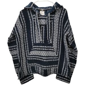 Oland Mexican Baja Hoodie in Blue and White - Unisex Sz M